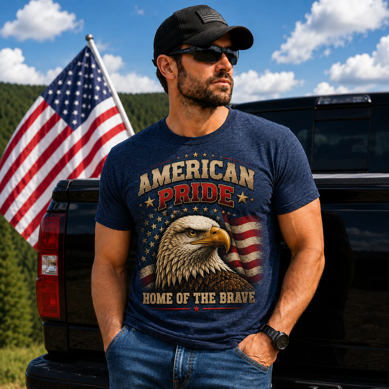 American Pride Patriotic Shirt – Home of the Brave Eagle Graphic T-Shirt - Heather Navy Blue - Exclusive - Image 3