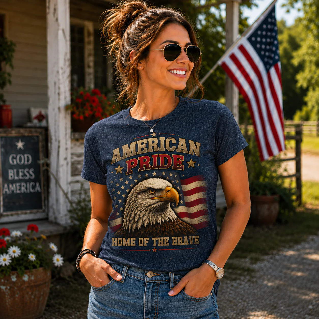 American Pride Patriotic Shirt – Home of the Brave Eagle Graphic T-Shirt - Heather Navy Blue - Exclusive - Image 4