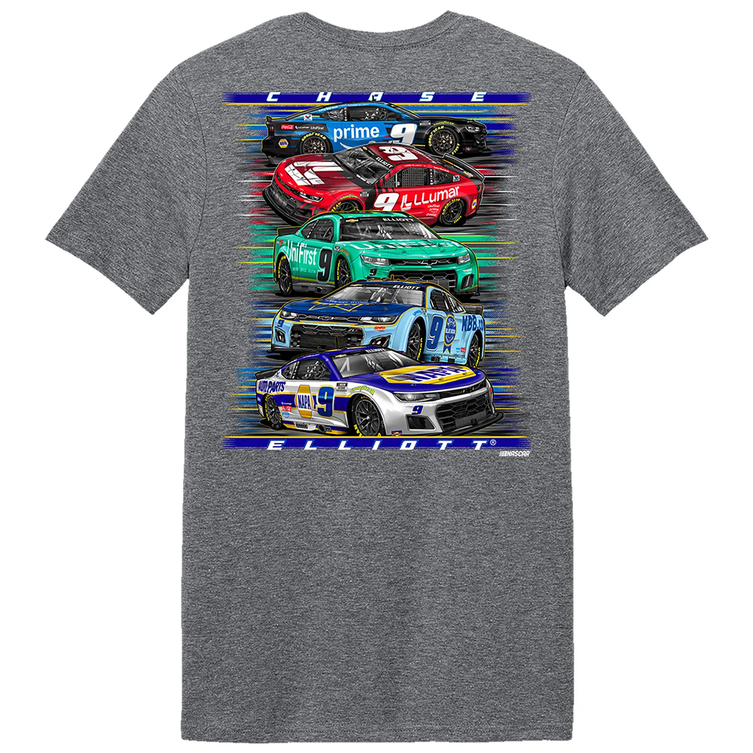 Chase Elliott 2026 Multi 5-Cars Sponsor 2-Spot Classic Ink T-Shirt Gray - Image 3