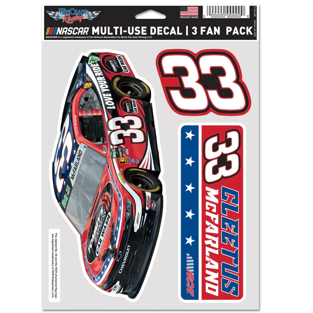 Cleetus McFarland 2026 Multi-Use Tommy's Express Car Wash #33 Decal 3-Pack