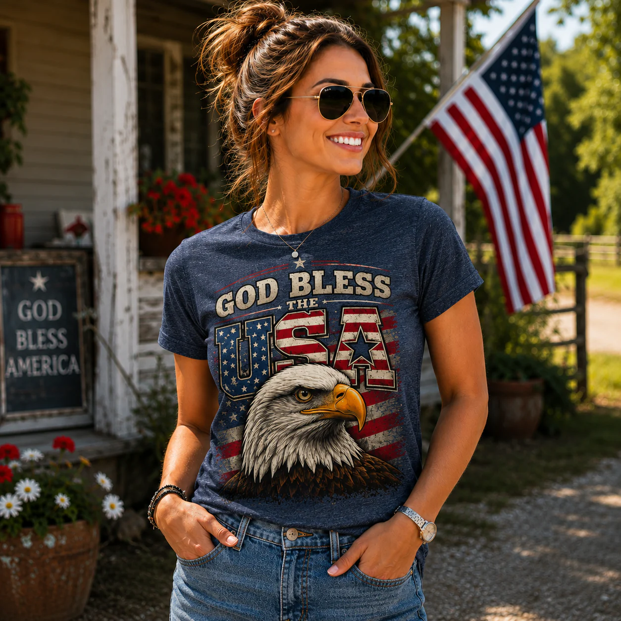 God Bless the USA Patriotic Shirt – Vintage American Eagle Graphic T-Shirt - Heather Navy Blue - Exclusive - Image 4