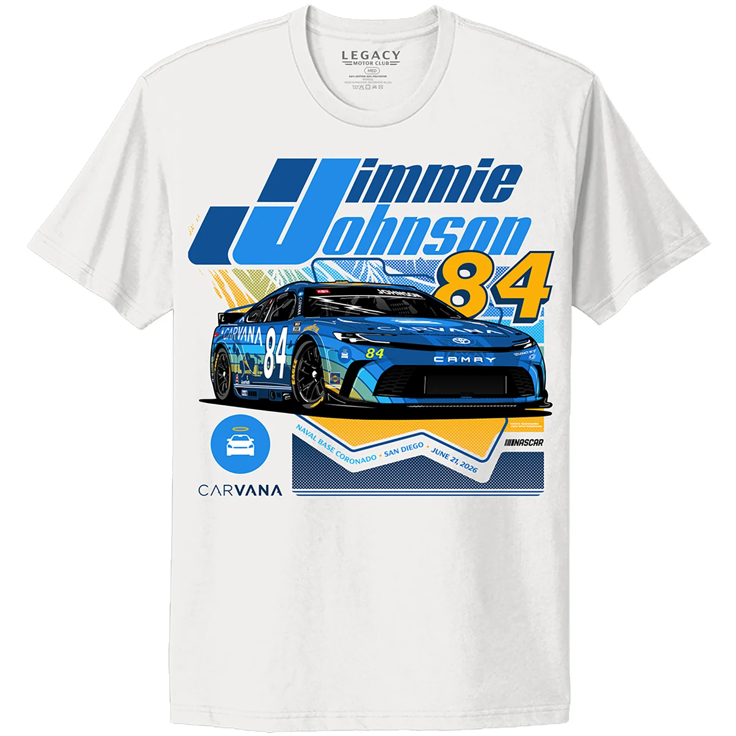 Jimmie Johnson 2026 Carvana San Diego Paint Scheme 2-Spot Classic Ink T-Shirt White - Image 2