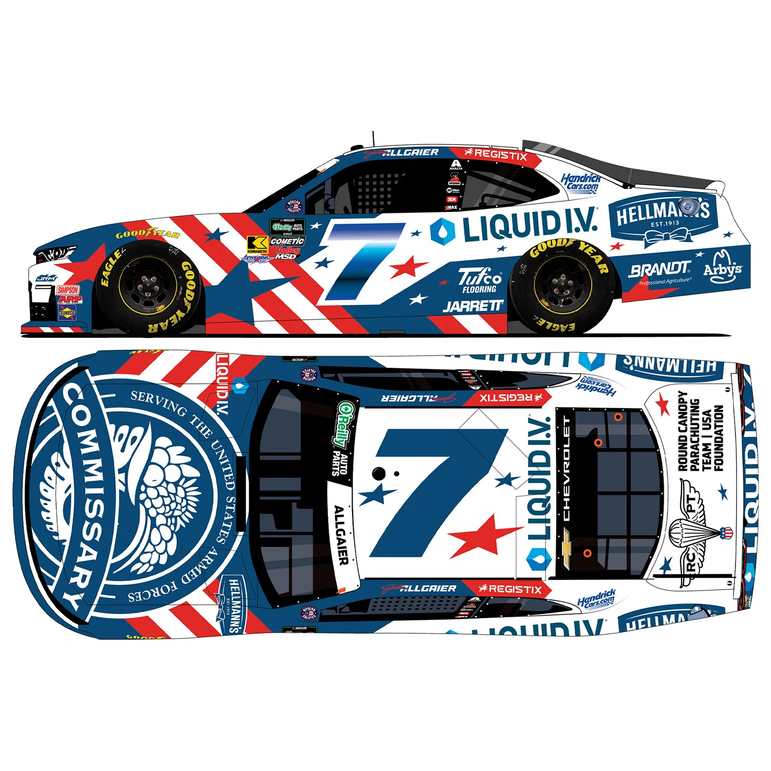 Justin Allgaier Hellmann's / Liquid I.V. DeCA Patriotic 1:24 Color Chrome 2026 Diecast Car Preorder - Currently Projected December - Image 2