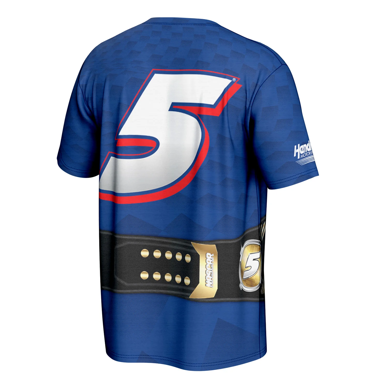 Kyle Larson 2025 NASCAR Cup Champion Title Belt Sublimated Total Print ProSphere T-Shirt Blue - Image 3