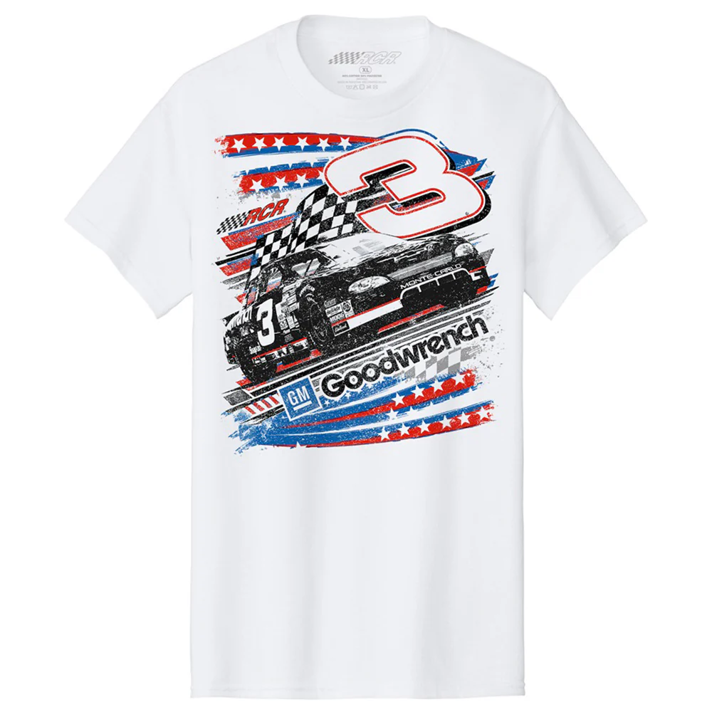Retro #3 GM Goodwrench Monte Carlo Patriotic 2-Spot Classic Ink T-Shirt White - Image 3